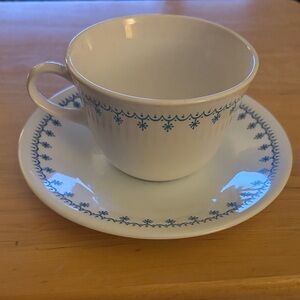 Corelle Snilowflake Blue and White Teacup and Saucer Set. 3 cups and 4 saucers